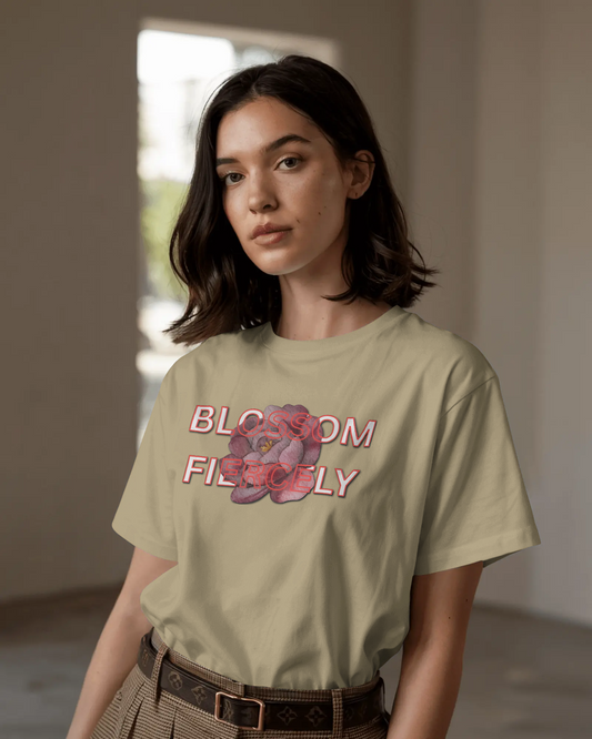 Earth & Thread | Blossom Fiercely 100% Cotton Regular Fit T-Shirt - Premium 180 GSM Empowering Floral Graphic Tee