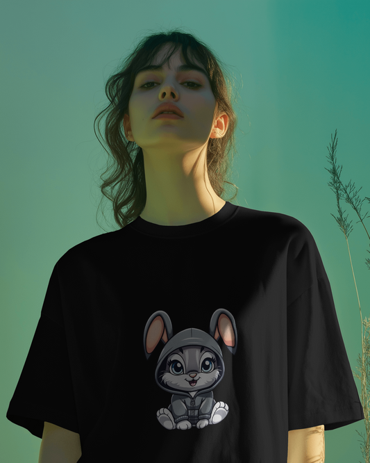 Oversized French Terry Comfort – Cute Bunny Hoodie Tee