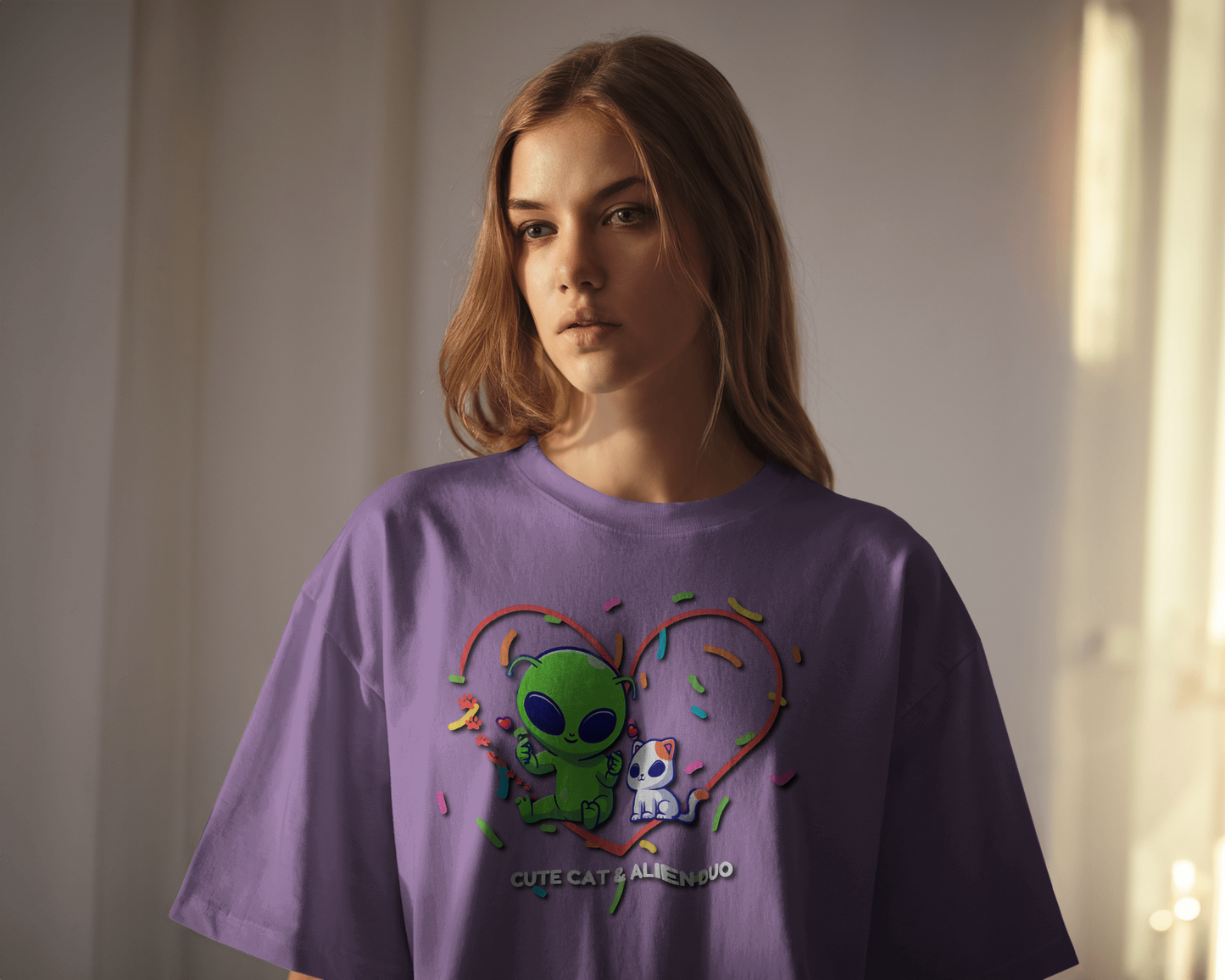 Alien & Cat Friendship in Oversized Comfort – Cute Tee