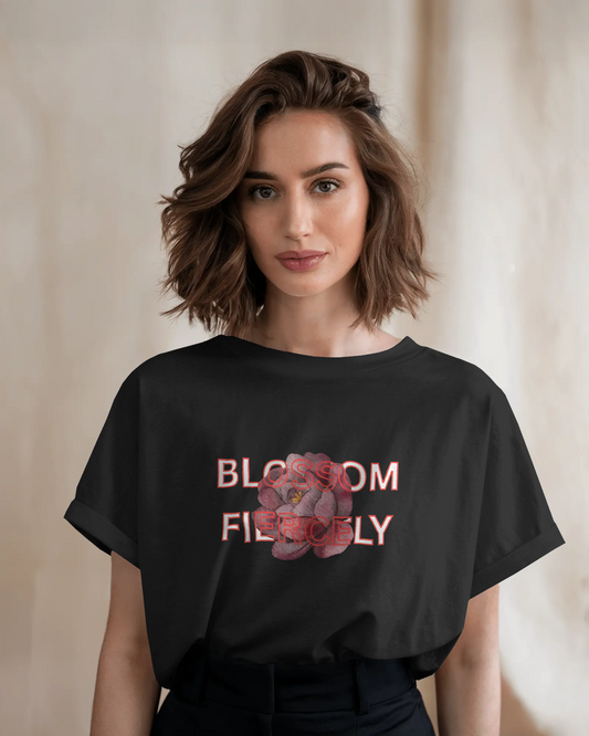 Earth & Thread | Blossom Fiercely 100% Cotton Regular Fit T-Shirt - Premium 180 GSM Empowering Floral Graphic Tee