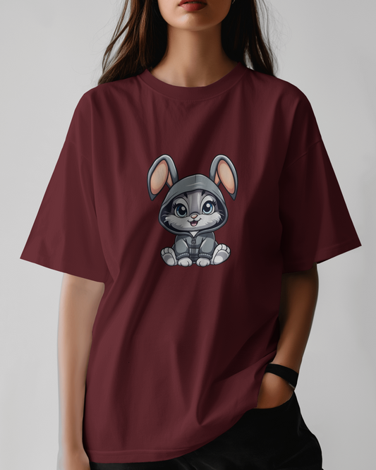 Oversized French Terry Comfort – Cute Bunny Hoodie Tee