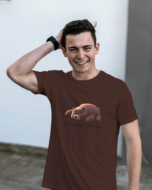 Earth & Thread | 50% Hungry 50% Tired Bear 100% Cotton Regular Fit T-Shirt - Premium 180 GSM Humorous Graphic