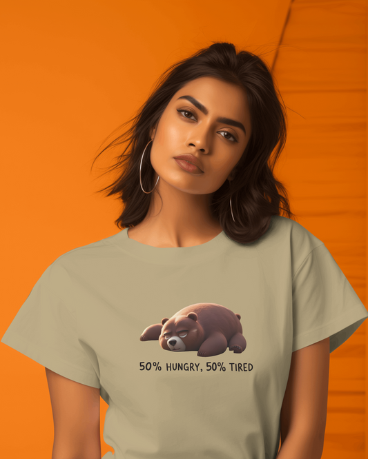 Earth & Thread | 50% Hungry 50% Tired Bear 100% Cotton Regular Fit T-Shirt - Premium 180 GSM Humorous Graphic