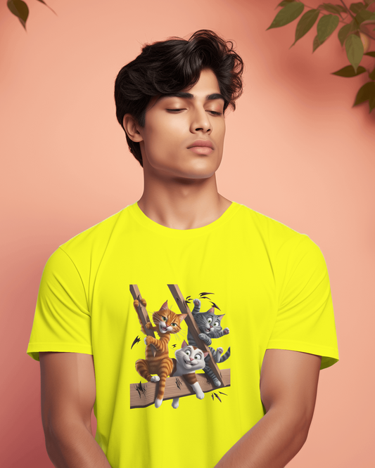 Earth & Thread | Escaping Cats 100% Cotton Regular Fit T-Shirt - Premium 180 GSM Playful Feline Graphic