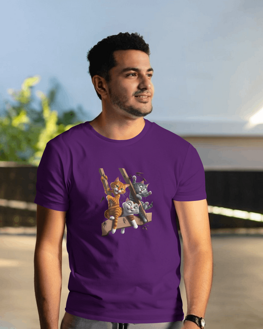 Earth & Thread | Escaping Cats 100% Cotton Regular Fit T-Shirt - Premium 180 GSM Playful Feline Graphic