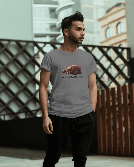 Earth & Thread | 50% Hungry 50% Tired Bear 100% Cotton Regular Fit T-Shirt - Premium 180 GSM Humorous Graphic