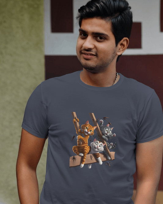 Earth & Thread | Escaping Cats 100% Cotton Regular Fit T-Shirt - Premium 180 GSM Playful Feline Graphic