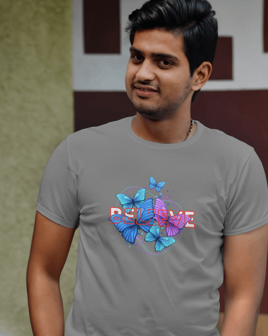 Earth & Thread | Believe Butterflies 100% Cotton Regular Fit T-Shirt - Premium 180 GSM Inspirational Nature Graphic Tee