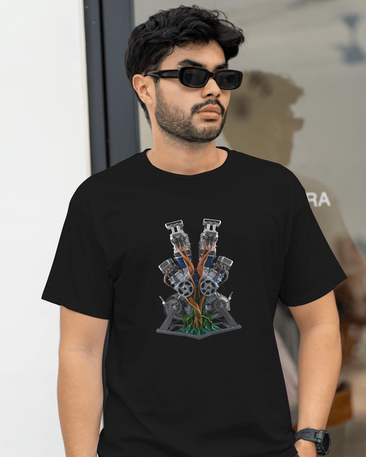 Earth & Thread | Biomechanical Engine Tree 100% Cotton Regular Fit T-Shirt - Premium 180 GSM Tech Nature Graphic
