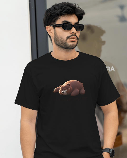 Earth & Thread | 50% Hungry 50% Tired Bear 100% Cotton Regular Fit T-Shirt - Premium 180 GSM Humorous Graphic