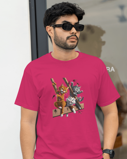 Earth & Thread | Escaping Cats 100% Cotton Regular Fit T-Shirt - Premium 180 GSM Playful Feline Graphic