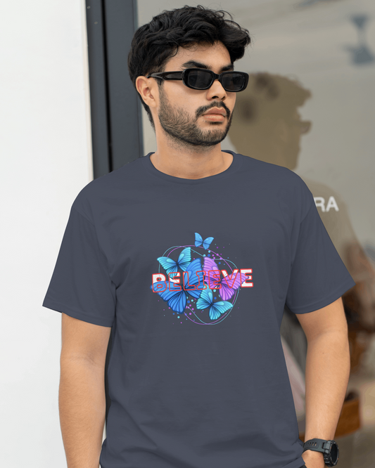 Earth & Thread | Believe Butterflies 100% Cotton Regular Fit T-Shirt - Premium 180 GSM Inspirational Nature Graphic Tee