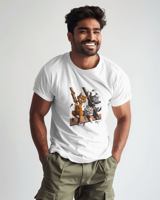 Earth & Thread | Escaping Cats 100% Cotton Regular Fit T-Shirt - Premium 180 GSM Playful Feline Graphic