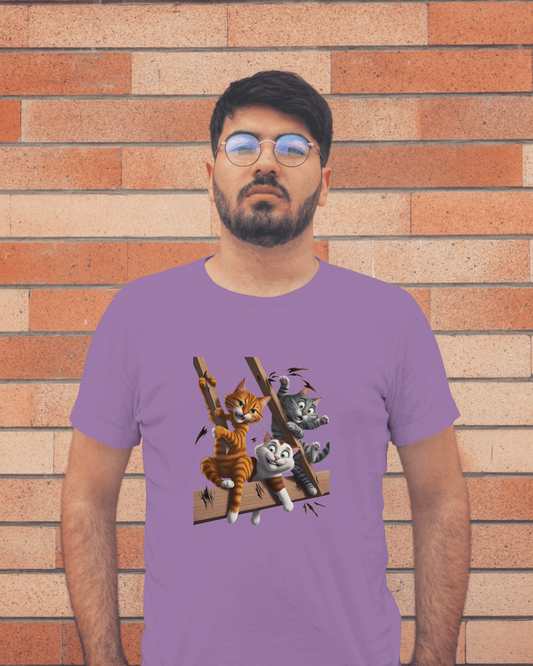 Earth & Thread | Escaping Cats 100% Cotton Regular Fit T-Shirt - Premium 180 GSM Playful Feline Graphic