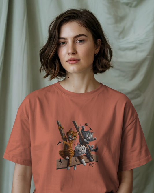 Earth & Thread | Escaping Cats 100% Cotton Regular Fit T-Shirt - Premium 180 GSM Playful Feline Graphic