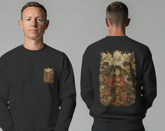 Earth & Thread Unisex Luffy Anime Sweatshirt – Gear Forms Evolution Design | Cotton Fleece Pullover | Winter Wear | 350 GSM | Anime Graphic Hoodie Style