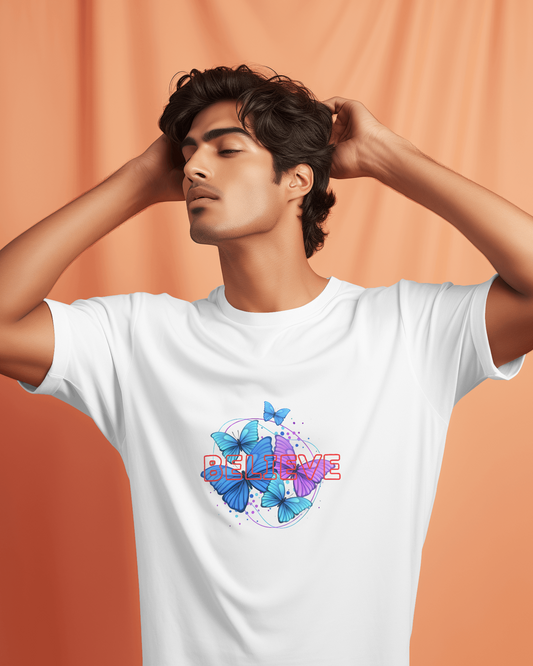 Earth & Thread | Believe Butterflies 100% Cotton Regular Fit T-Shirt - Premium 180 GSM Inspirational Nature Graphic Tee