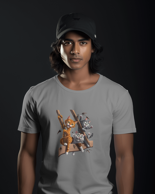 Earth & Thread | Escaping Cats 100% Cotton Regular Fit T-Shirt - Premium 180 GSM Playful Feline Graphic