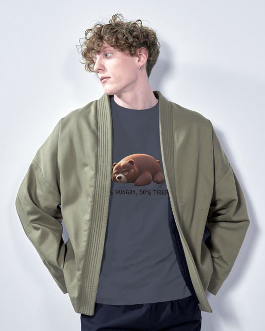 Earth & Thread | 50% Hungry 50% Tired Bear 100% Cotton Regular Fit T-Shirt - Premium 180 GSM Humorous Graphic