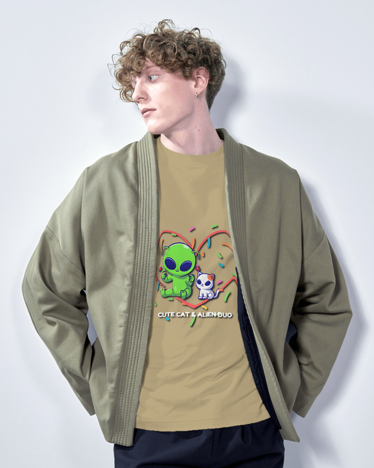 Alien & Cat Friendship in Oversized Comfort – Cute Tee