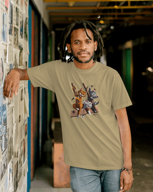 Earth & Thread | Escaping Cats 100% Cotton Regular Fit T-Shirt - Premium 180 GSM Playful Feline Graphic