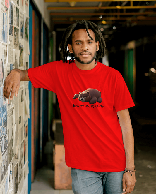 Earth & Thread | 50% Hungry 50% Tired Bear 100% Cotton Regular Fit T-Shirt - Premium 180 GSM Humorous Graphic