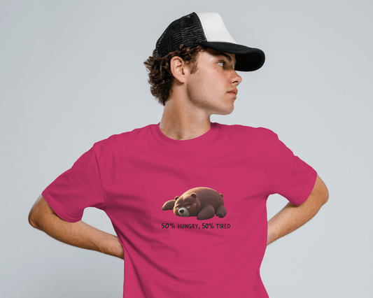 Earth & Thread | 50% Hungry 50% Tired Bear 100% Cotton Regular Fit T-Shirt - Premium 180 GSM Humorous Graphic