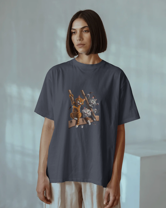 Earth & Thread | Escaping Cats 100% Cotton Regular Fit T-Shirt - Premium 180 GSM Playful Feline Graphic