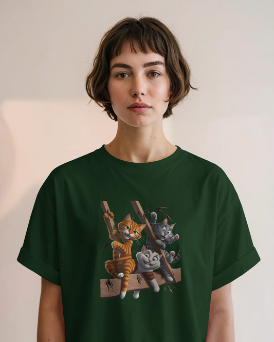 Earth & Thread | Escaping Cats 100% Cotton Regular Fit T-Shirt - Premium 180 GSM Playful Feline Graphic