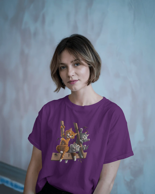 Earth & Thread | Escaping Cats 100% Cotton Regular Fit T-Shirt - Premium 180 GSM Playful Feline Graphic