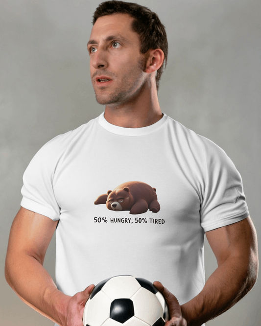 Earth & Thread | 50% Hungry 50% Tired Bear 100% Cotton Regular Fit T-Shirt - Premium 180 GSM Humorous Graphic