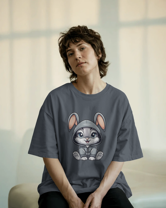 Oversized French Terry Comfort – Cute Bunny Hoodie Tee