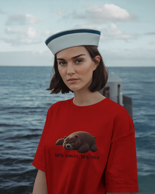 Earth & Thread | 50% Hungry 50% Tired Bear 100% Cotton Regular Fit T-Shirt - Premium 180 GSM Humorous Graphic