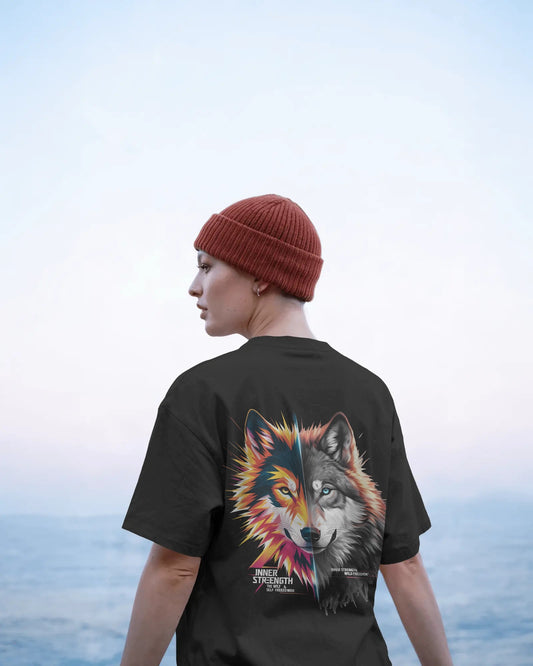"Earth & Thread | Inner Strength Wolf 100% Cotton Oversized Tee - Premium French Terry Duality Graphic"