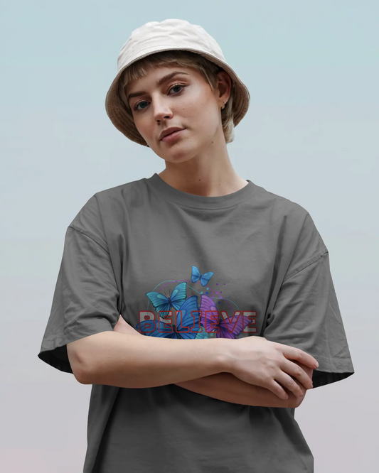 Earth & Thread | Believe Butterflies 100% Cotton Regular Fit T-Shirt - Premium 180 GSM Inspirational Nature Graphic Tee