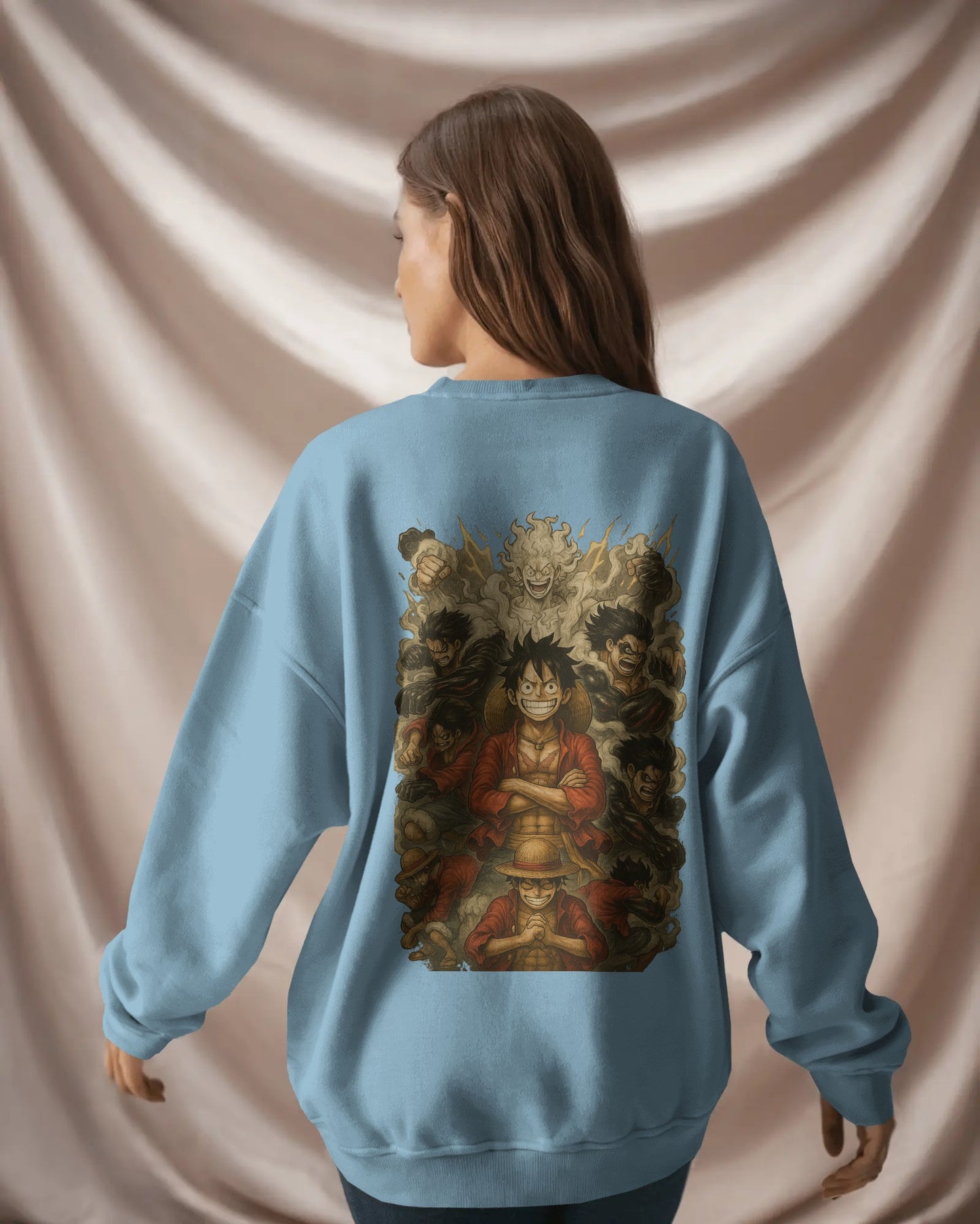 Earth & Thread Unisex Luffy Anime Sweatshirt – Gear Forms Evolution Design | Cotton Fleece Pullover | Winter Wear | 350 GSM | Anime Graphic Hoodie Style