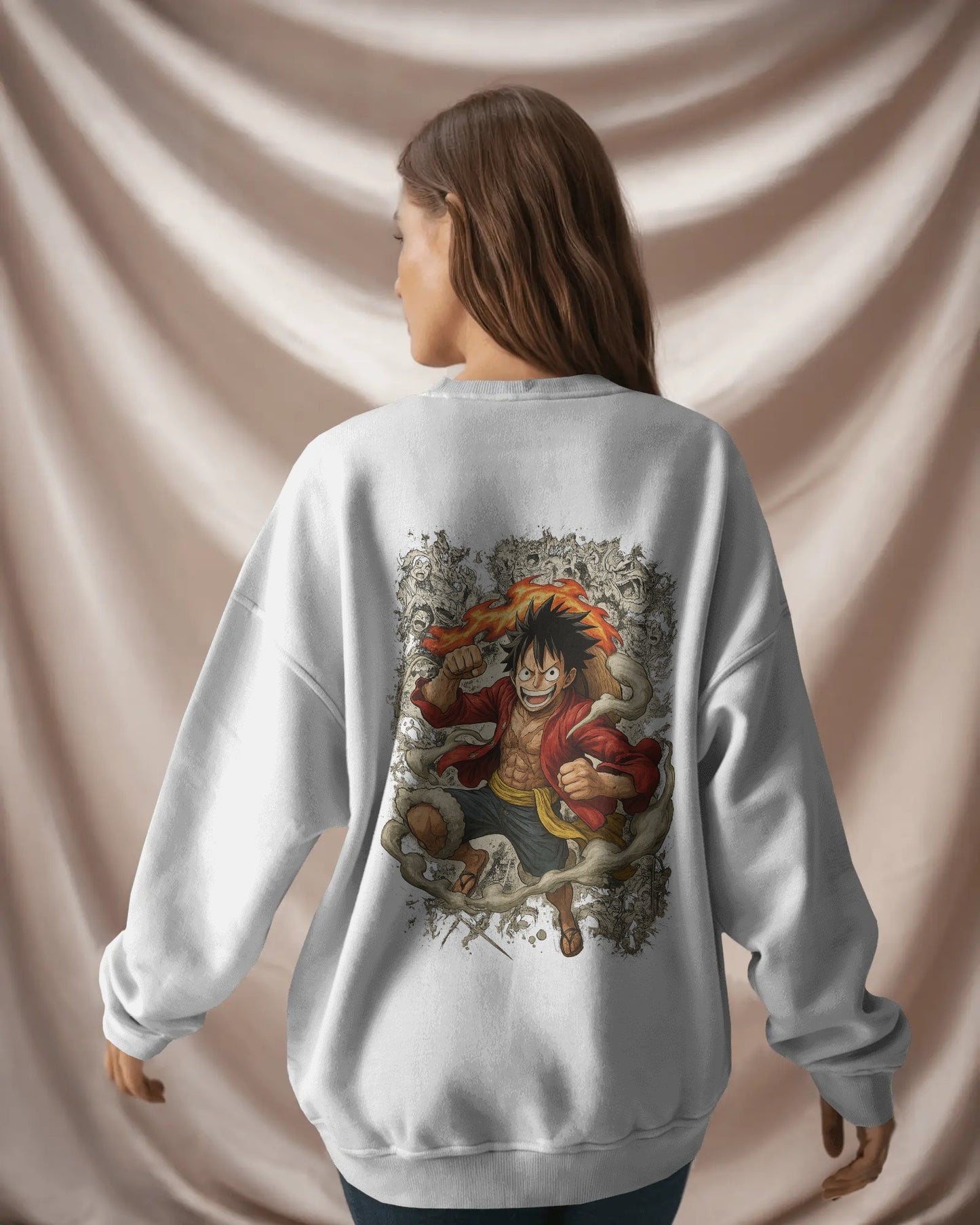 Earth & Thread Unisex One Piece Anime Sweatshirt – Luffy Graphic Oversized Cotton Fleece Pullover | Winter Streetwear for Men & Women