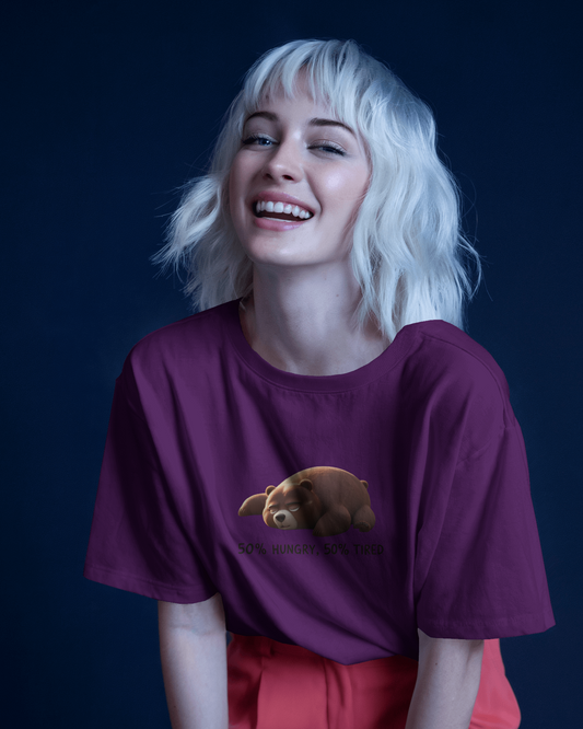 Earth & Thread | 50% Hungry 50% Tired Bear 100% Cotton Regular Fit T-Shirt - Premium 180 GSM Humorous Graphic