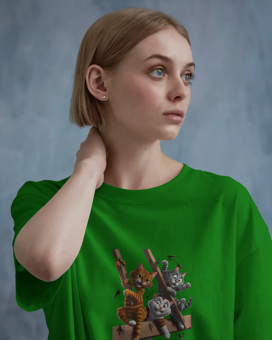 Earth & Thread | Escaping Cats 100% Cotton Regular Fit T-Shirt - Premium 180 GSM Playful Feline Graphic