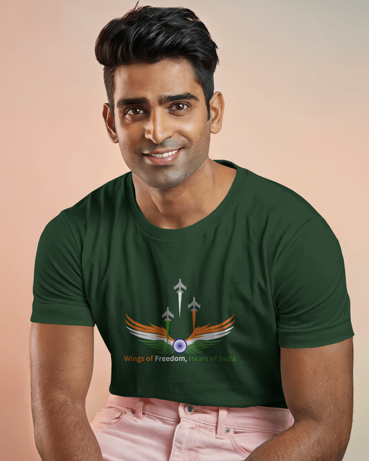 Earth & Thread | Wings of Freedom, Heart of India 100% Cotton Regular Fit T-Shirt - Premium 180 GSM Patriotic Aviation Graphic Tee