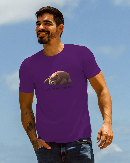 Earth & Thread | 50% Hungry 50% Tired Bear 100% Cotton Regular Fit T-Shirt - Premium 180 GSM Humorous Graphic