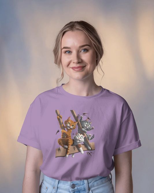 Earth & Thread | Escaping Cats 100% Cotton Regular Fit T-Shirt - Premium 180 GSM Playful Feline Graphic