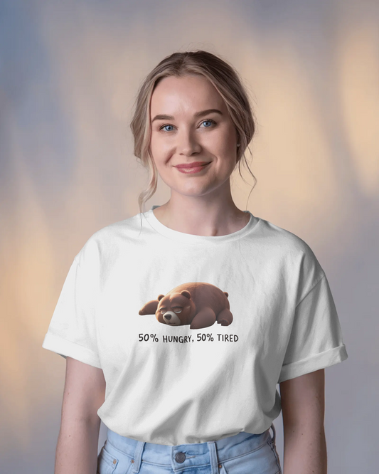 Earth & Thread | 50% Hungry 50% Tired Bear 100% Cotton Regular Fit T-Shirt - Premium 180 GSM Humorous Graphic