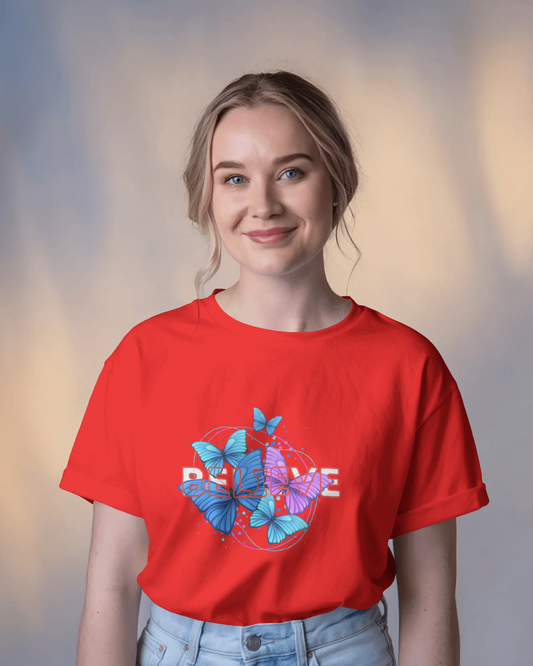Earth & Thread | Believe Butterflies 100% Cotton Regular Fit T-Shirt - Premium 180 GSM Inspirational Nature Graphic Tee