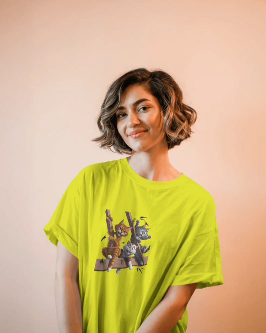 Earth & Thread | Escaping Cats 100% Cotton Regular Fit T-Shirt - Premium 180 GSM Playful Feline Graphic