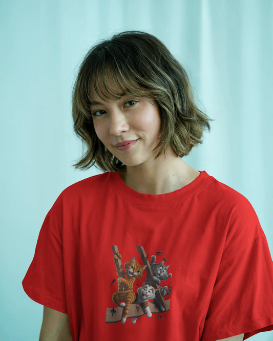 Earth & Thread | Escaping Cats 100% Cotton Regular Fit T-Shirt - Premium 180 GSM Playful Feline Graphic