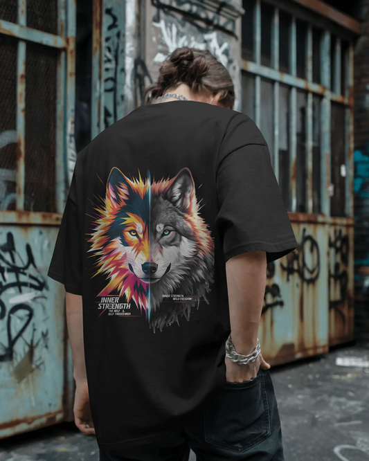 "Earth & Thread | Inner Strength Wolf 100% Cotton Oversized Tee - Premium French Terry Duality Graphic"
