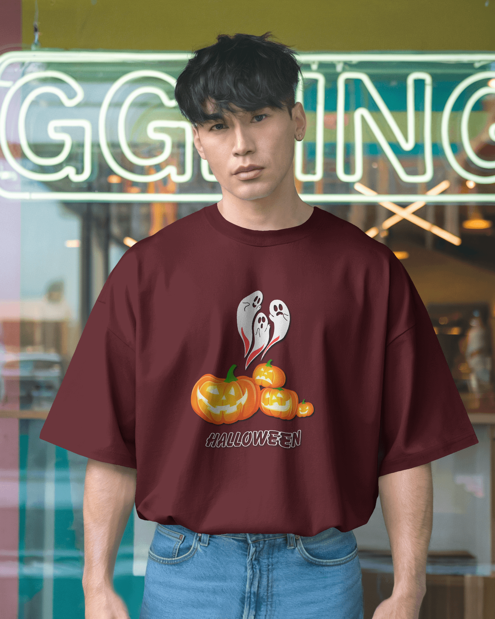 Oversized French Terry – Ghostly Pumpkin Halloween Tee