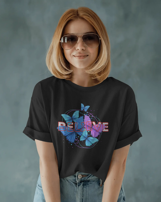 Earth & Thread | Believe Butterflies 100% Cotton Regular Fit T-Shirt - Premium 180 GSM Inspirational Nature Graphic Tee