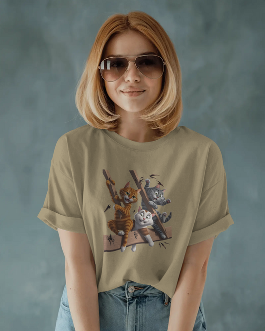 Earth & Thread | Escaping Cats 100% Cotton Regular Fit T-Shirt - Premium 180 GSM Playful Feline Graphic